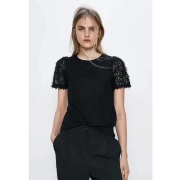 EUC Zara black tulle accented statement sleeve knit-like sweater top, S - Picture 2 of 13